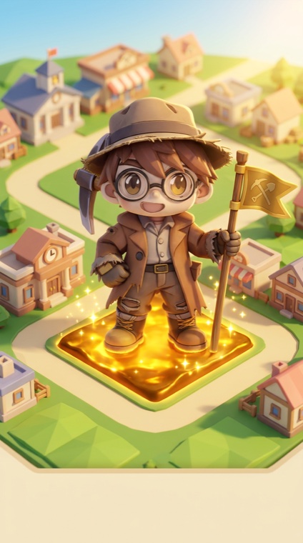 A prospector planting a flag on a golden map square