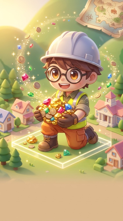 A miner collecting gold nuggets and gems