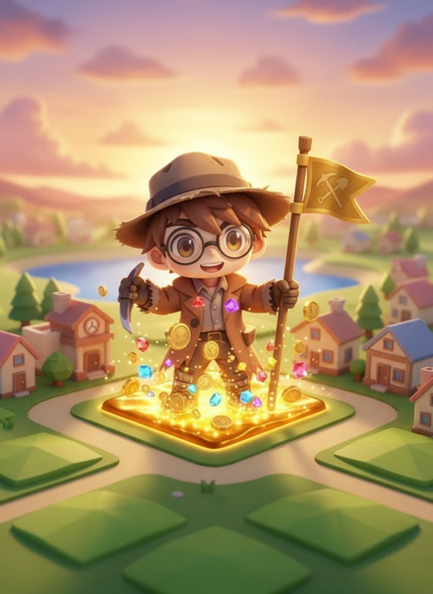 A chibi prospector planting a golden claim flag on a glowing land square, gems and nuggets bursting out, with a miniature town and lake behind